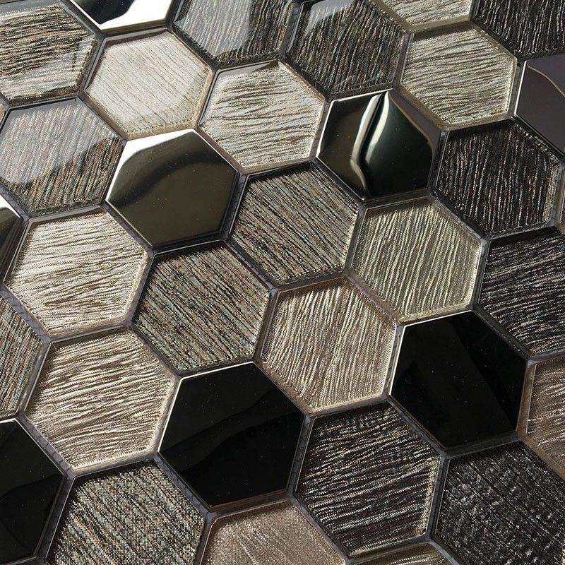 Hexagon Mosaic Glass Mosaic Tiles Metal Element Modern Kitchen Splashback Tiles