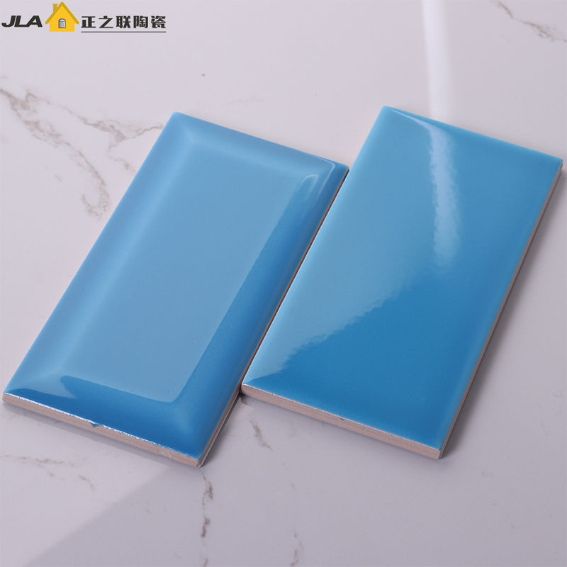 Sky Blue Waterproof Wall Tiles Glossy Bevelled Edge For Kitchen / Coffee Shop