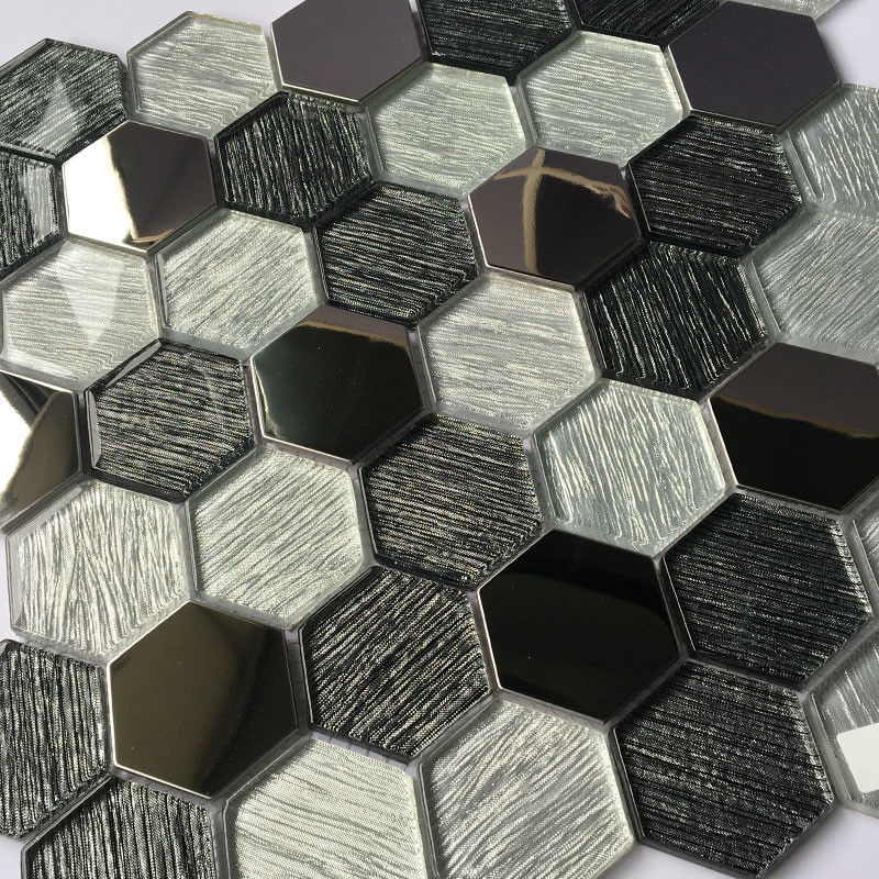 Hexagon Mosaic Glass Mosaic Tiles Metal Element Modern Kitchen Splashback Tiles