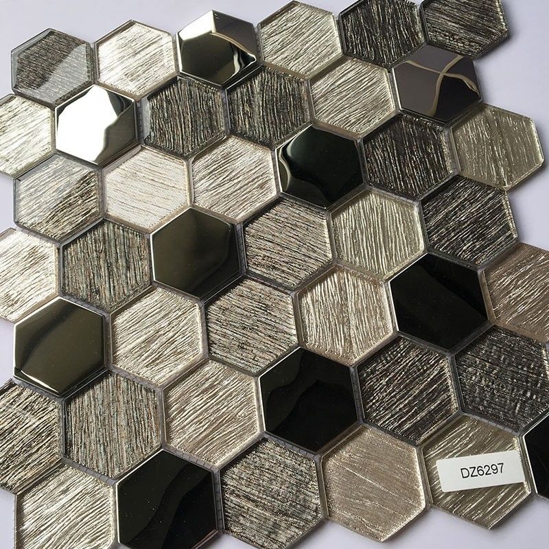 Hexagon Mosaic Glass Mosaic Tiles Metal Element Modern Kitchen Splashback Tiles