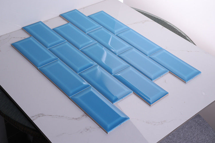 Sky Blue Waterproof Wall Tiles Glossy Bevelled Edge For Kitchen / Coffee Shop